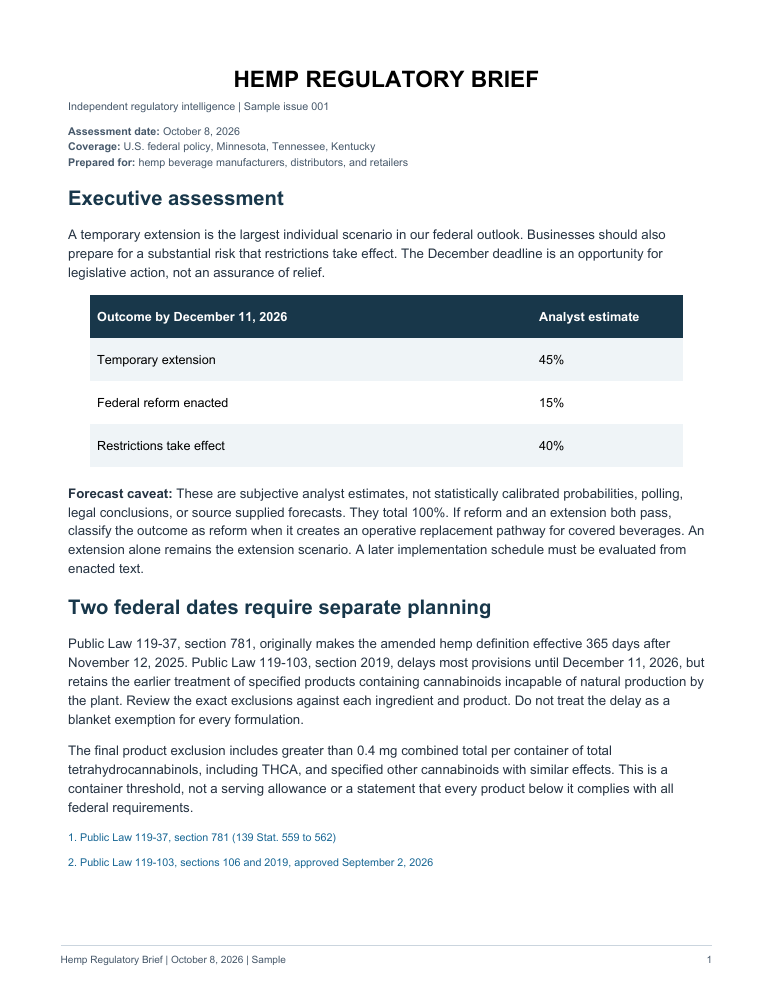 First page of Hemp Regulatory Brief sample issue 001, with the federal scenario outlook